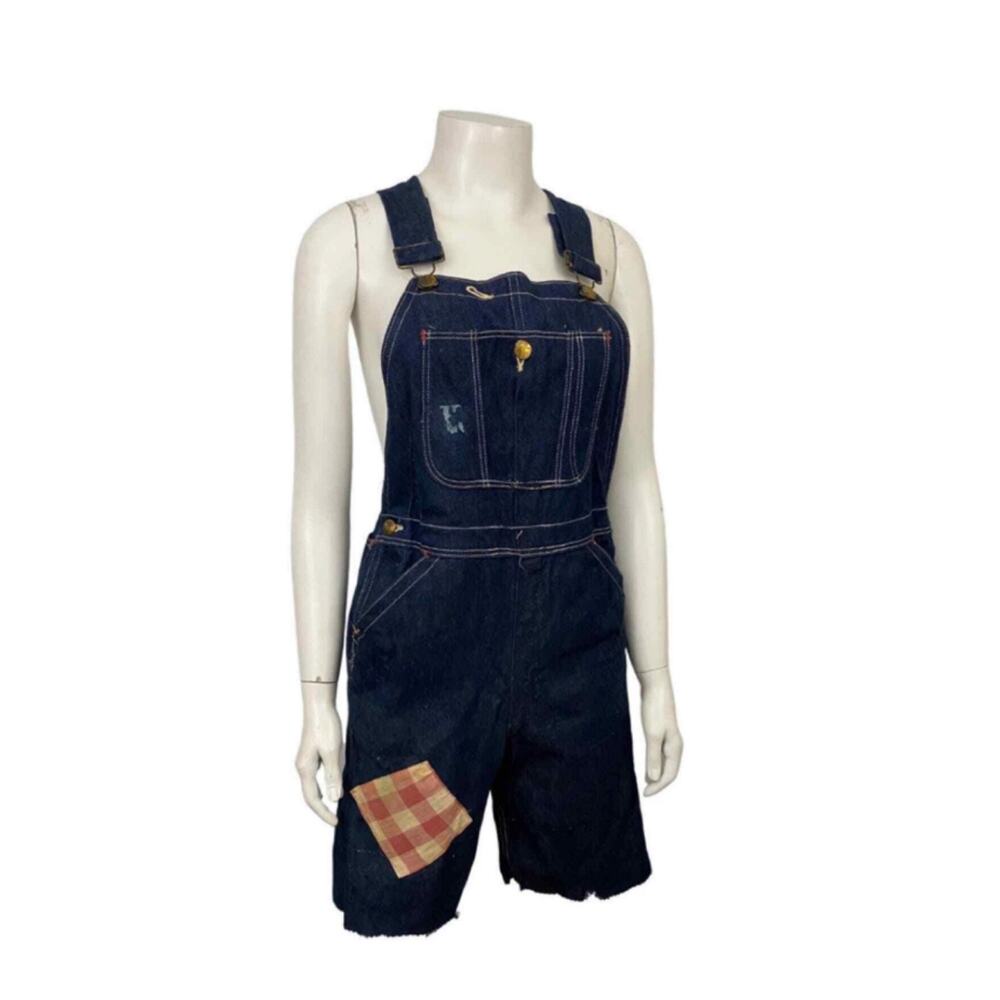 Vintage 1940s Blue Bell Denim Short Overalls Shortalls Patched Workwear XS -